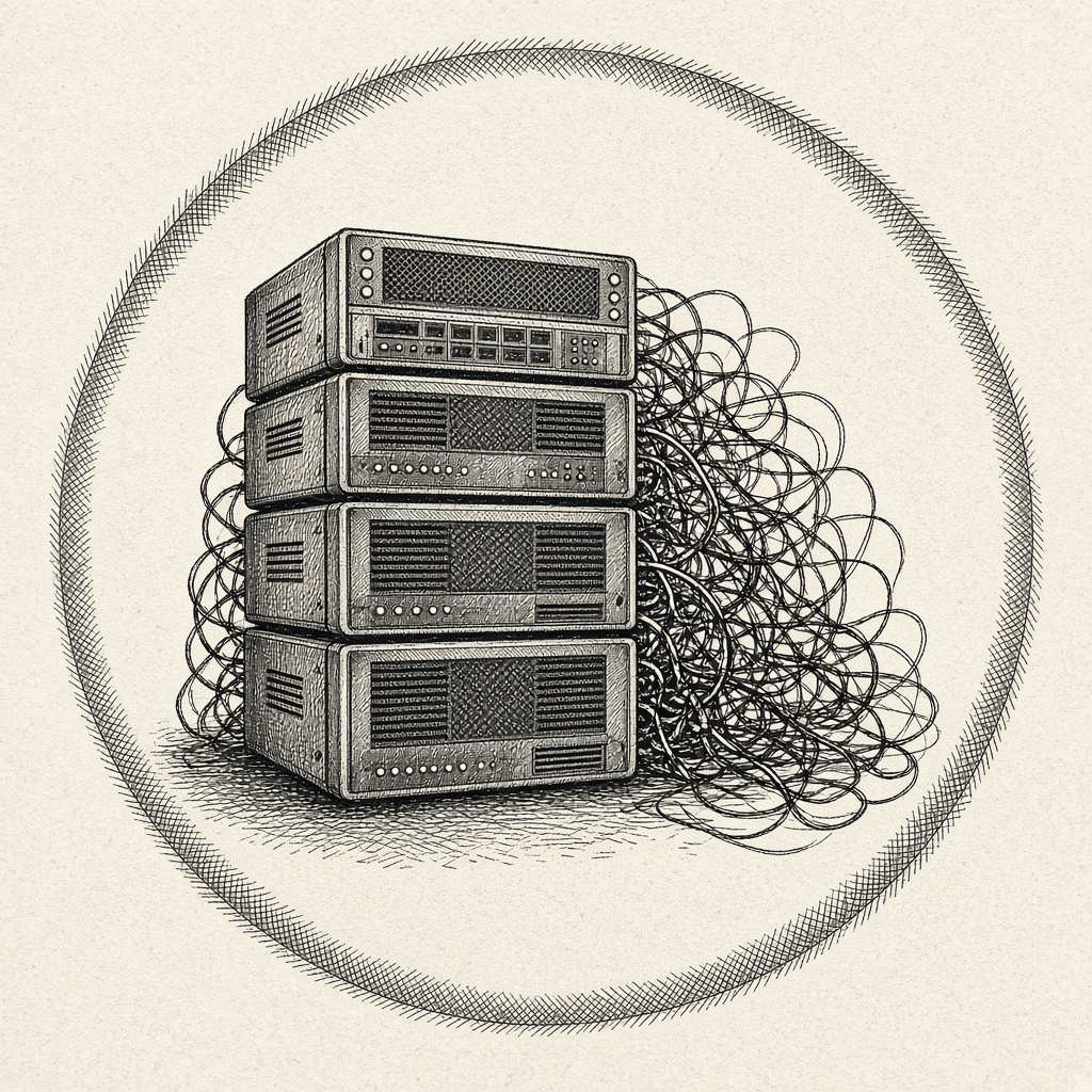 Ink drawing of a small server rack and cables